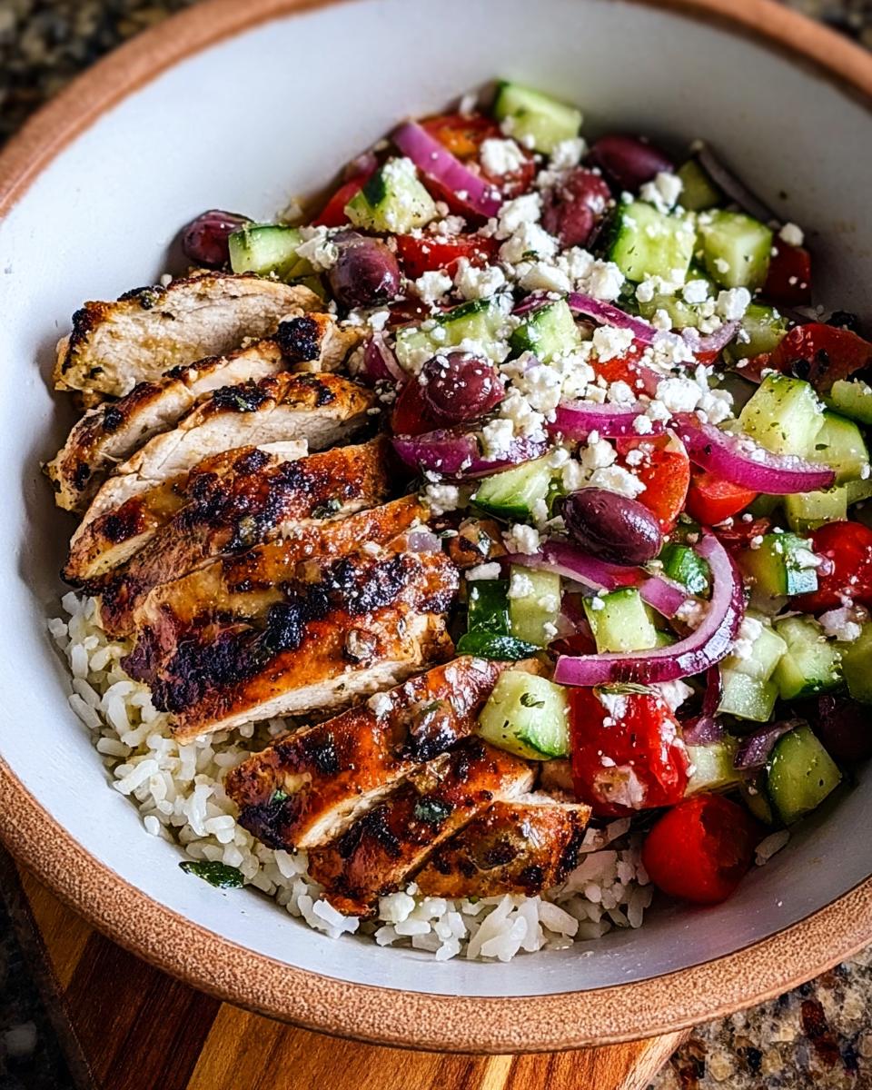 A close-up of Greek Chicken Salad Bowls featuring sliced grilled chicken over rice and topped with cucumber, tomato, red onion, feta, and olives.
