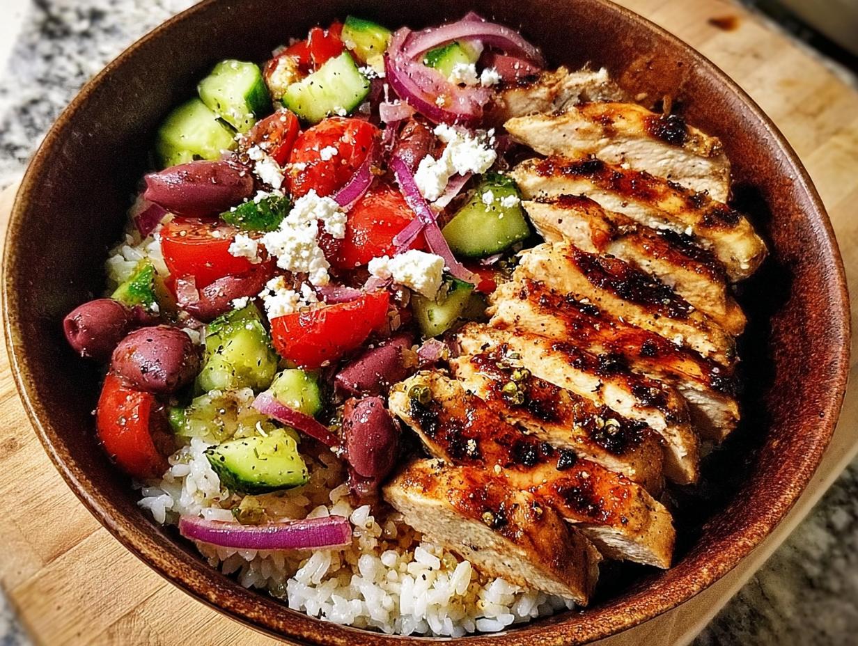 Overhead view of a Greek Chicken Salad Bowls featuring sliced grilled chicken, rice, tomatoes, cucumbers, olives, and feta.