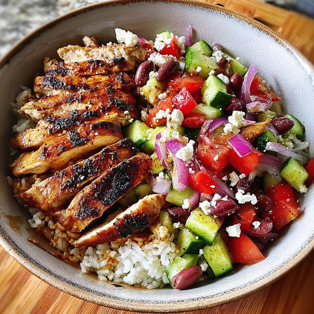 Close-up of a bowl featuring sliced grilled chicken over rice next to a fresh Greek salad mix.