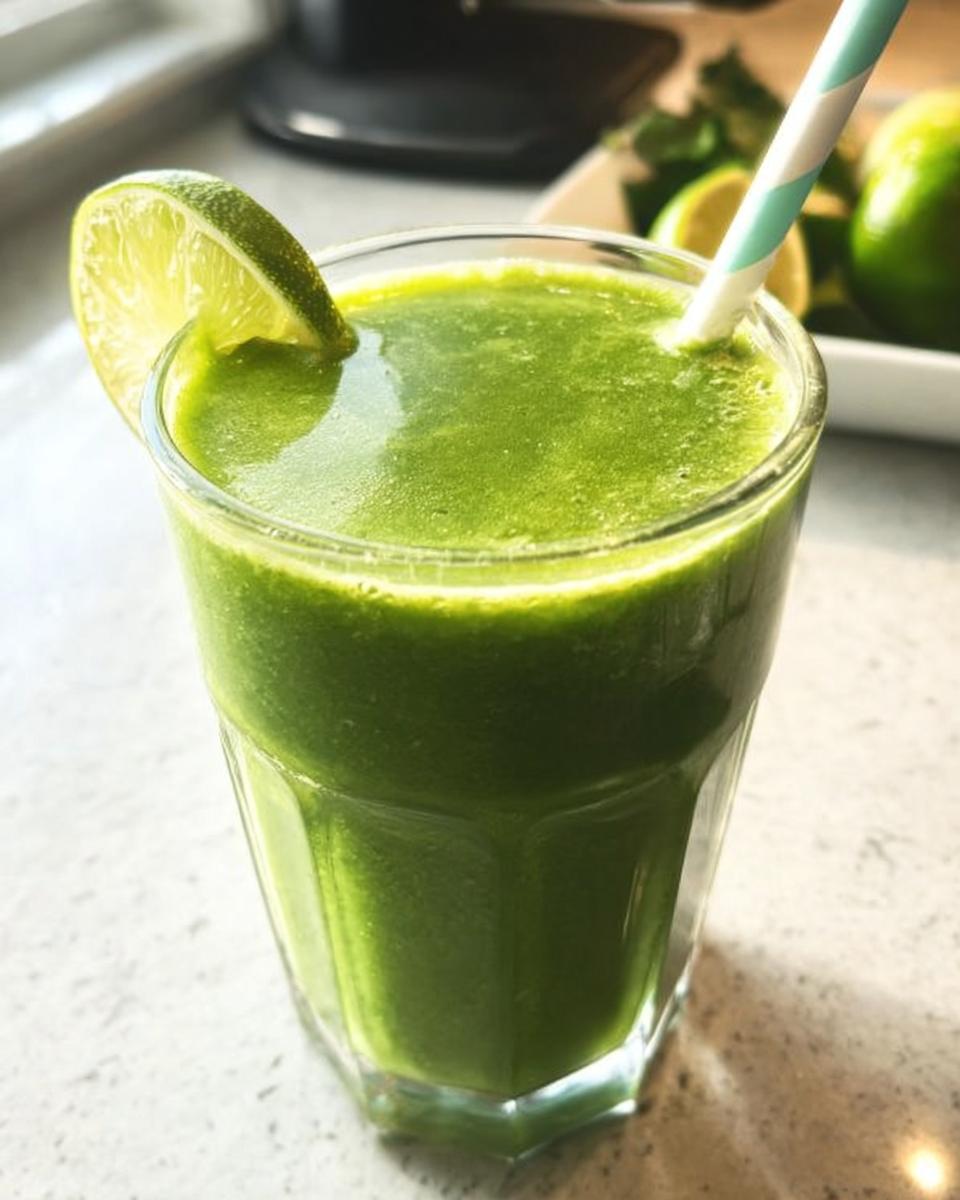 Close-up of a vibrant Green Detox Smoothie in a glass, garnished with a lime wedge and a striped straw.