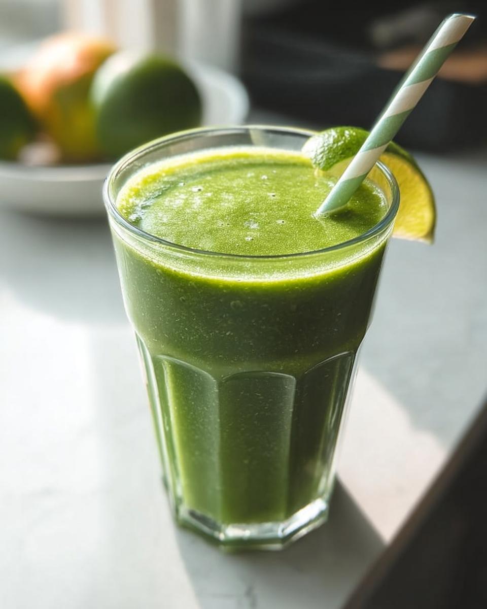 Close-up of a vibrant Green Detox Smoothie in a tall glass, garnished with a lime wedge and a striped straw.