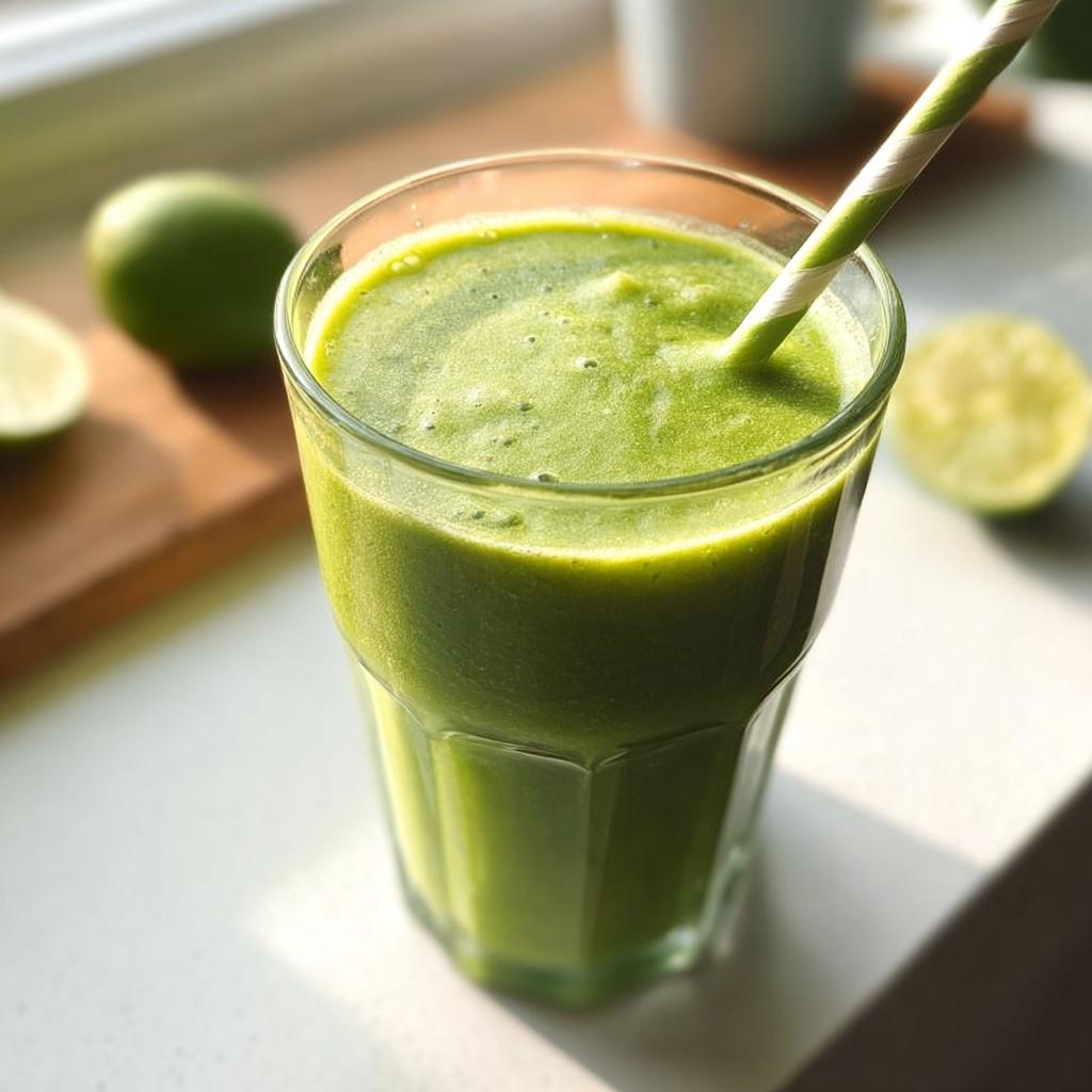 A tall glass filled with a thick, vibrant Green Detox Smoothie, featuring a striped straw and limes nearby.