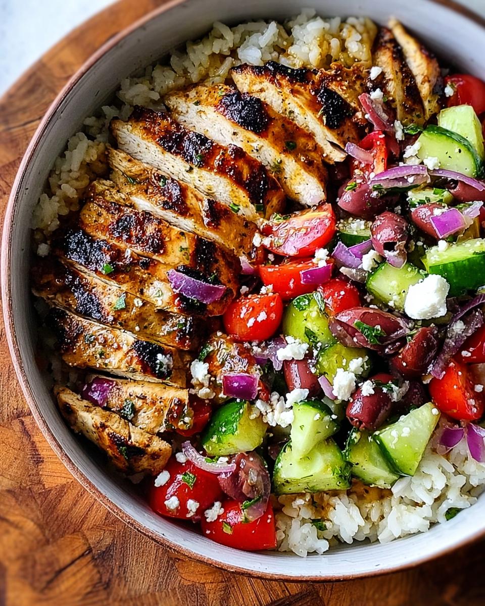 Close-up of sliced grilled chicken served over rice next to a Greek salad mix in Greek Chicken Salad Bowls.