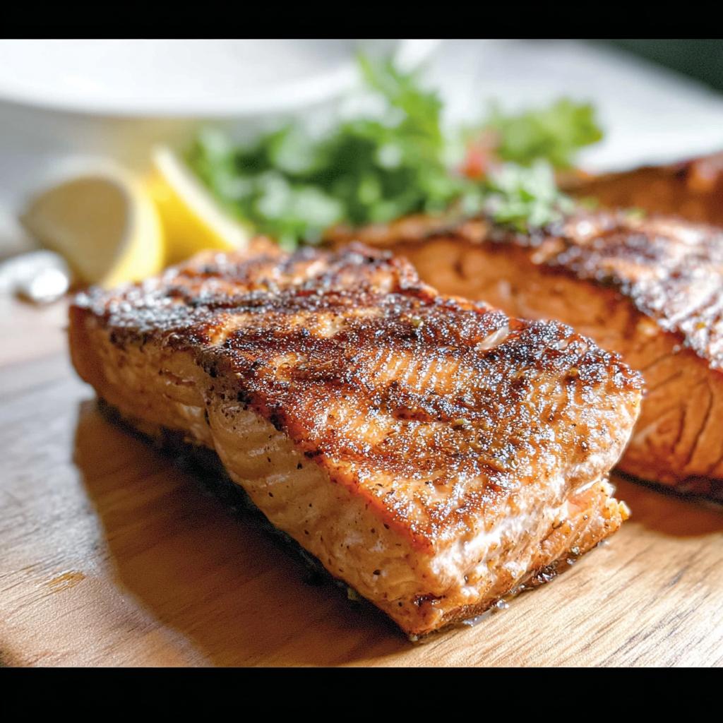 Close-up of perfectly grilled salmon fillets on a wooden board, garnished with lemon and parsley.