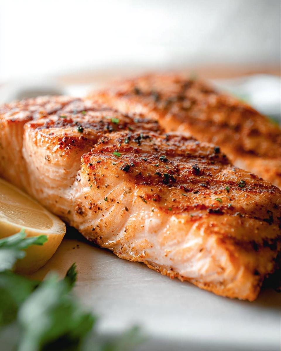 Close-up of perfectly grilled salmon fillets seasoned with herbs and spices, served with lemon.
