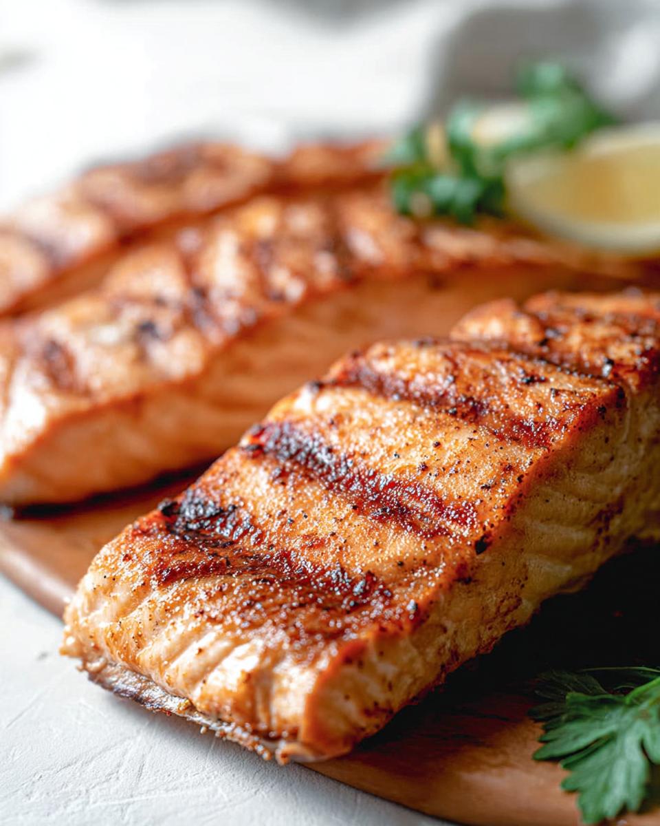 Close-up of perfectly grilled salmon fillets with grill marks, garnished with lemon and parsley.