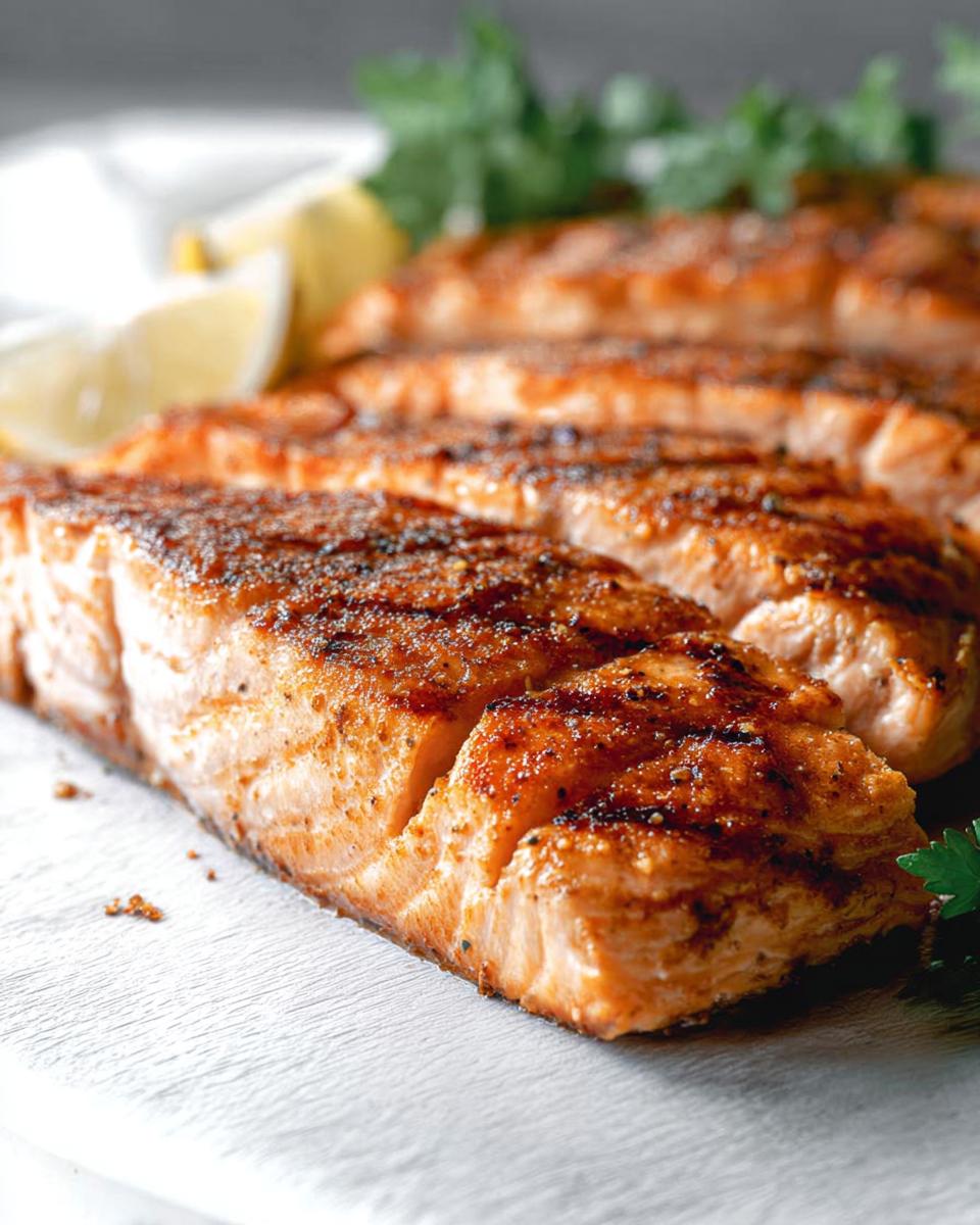 Close-up of perfectly grilled salmon fillets with grill marks, seasoned and garnished with lemon wedges and parsley.