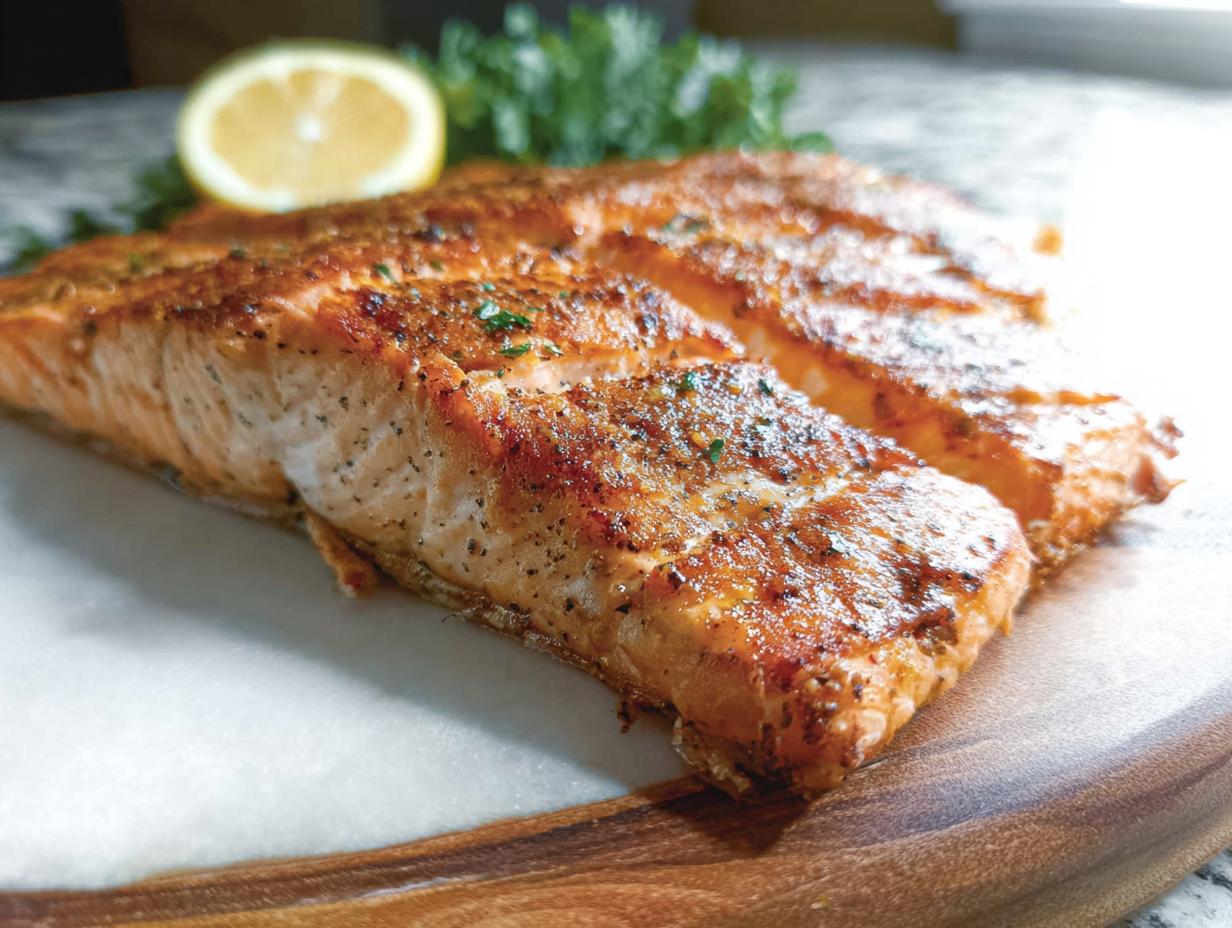 A perfectly cooked fillet of grilled salmon for beginners, seasoned and garnished with lemon and parsley.