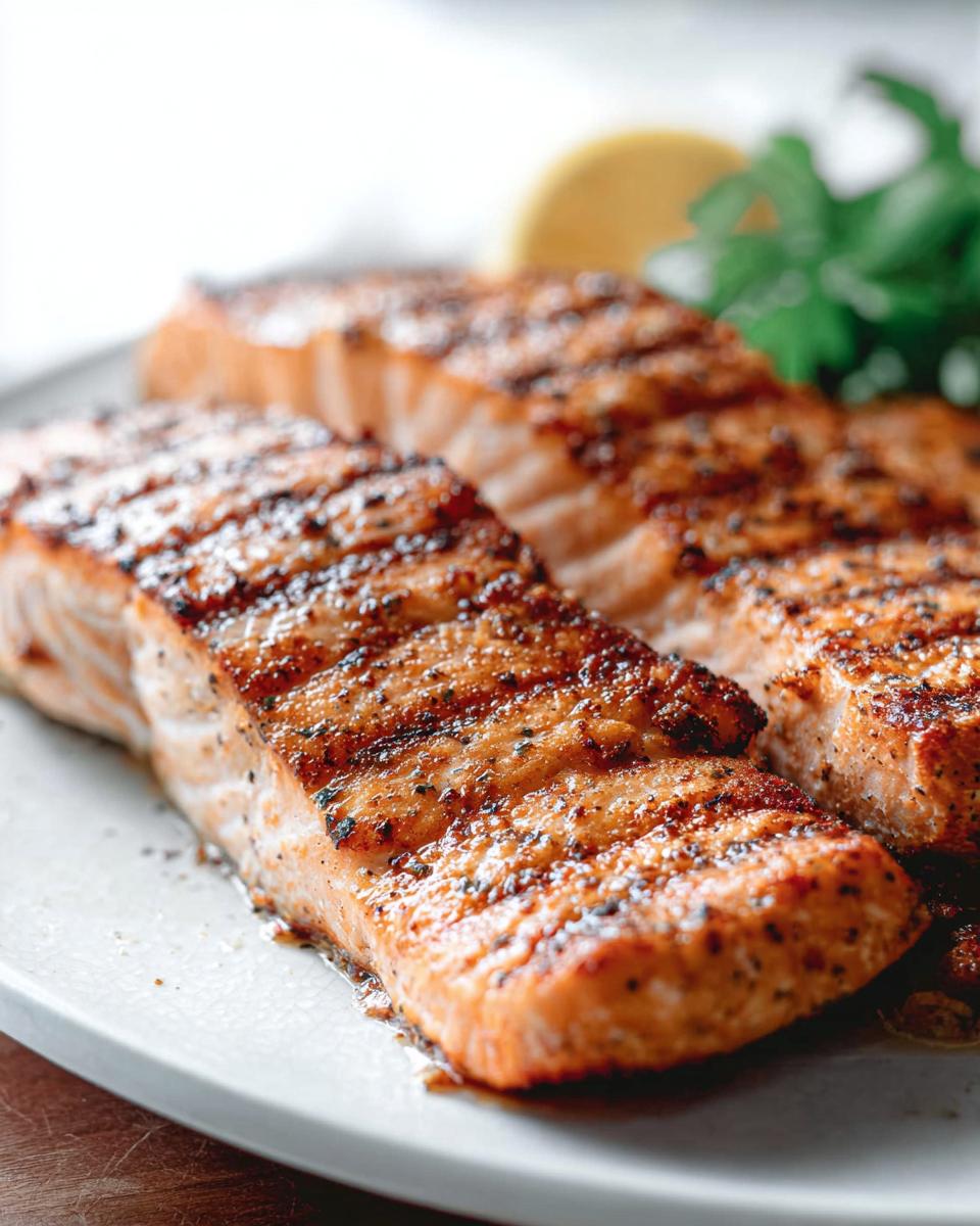Two perfectly grilled salmon fillets with grill marks, seasoned and served on a plate with lemon and parsley.