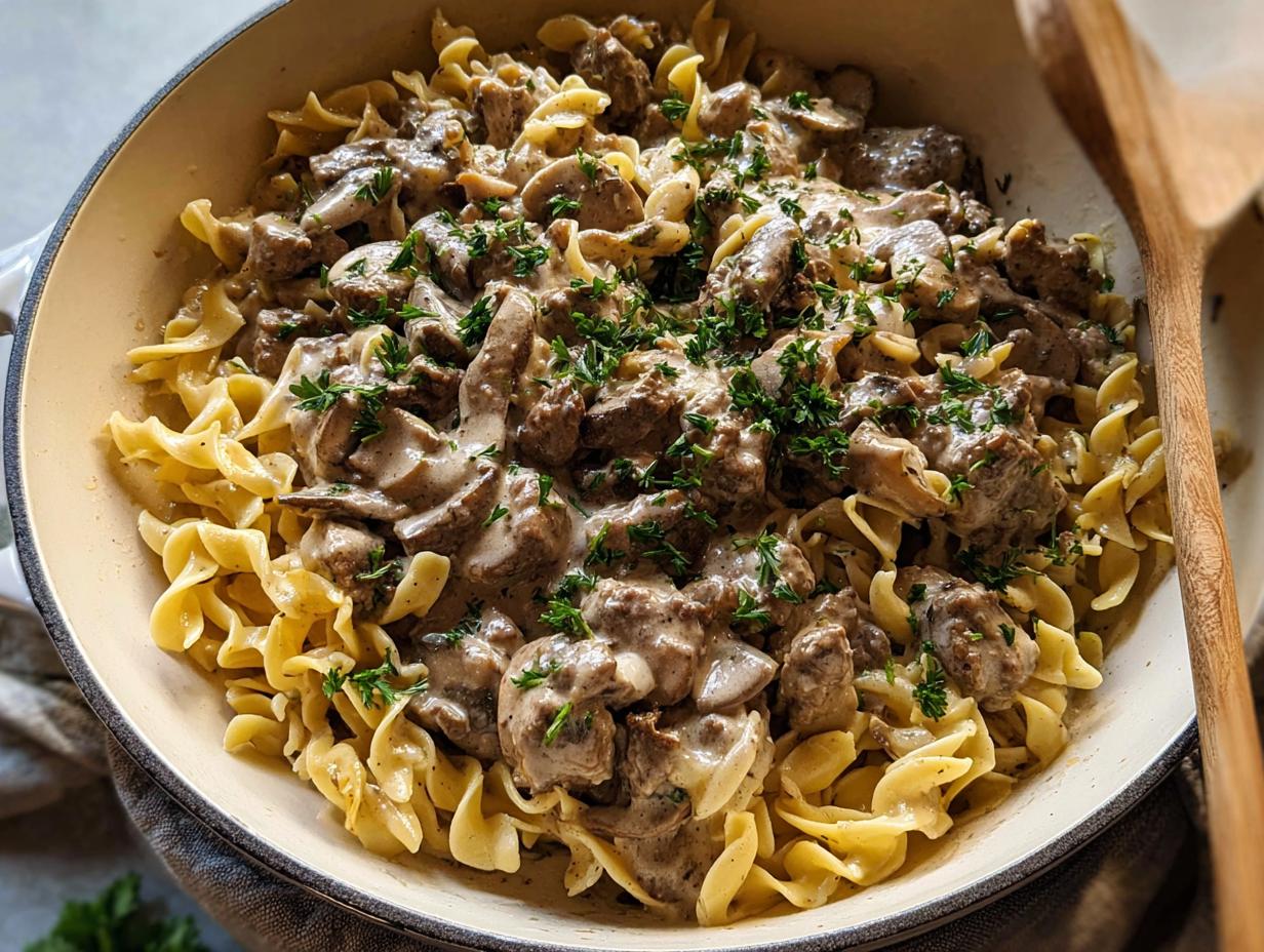 A creamy pan of Ground Beef Stroganoff served over wide egg noodles and garnished with fresh parsley.