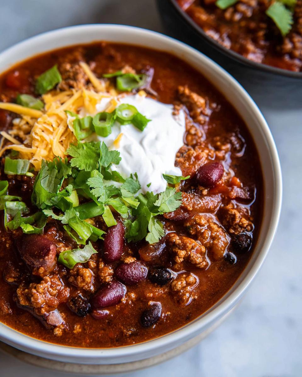 A close-up of a bowl of delicious Ground Turkey Chili (Stovetop), topped with sour cream, shredded cheese, and green onions.
