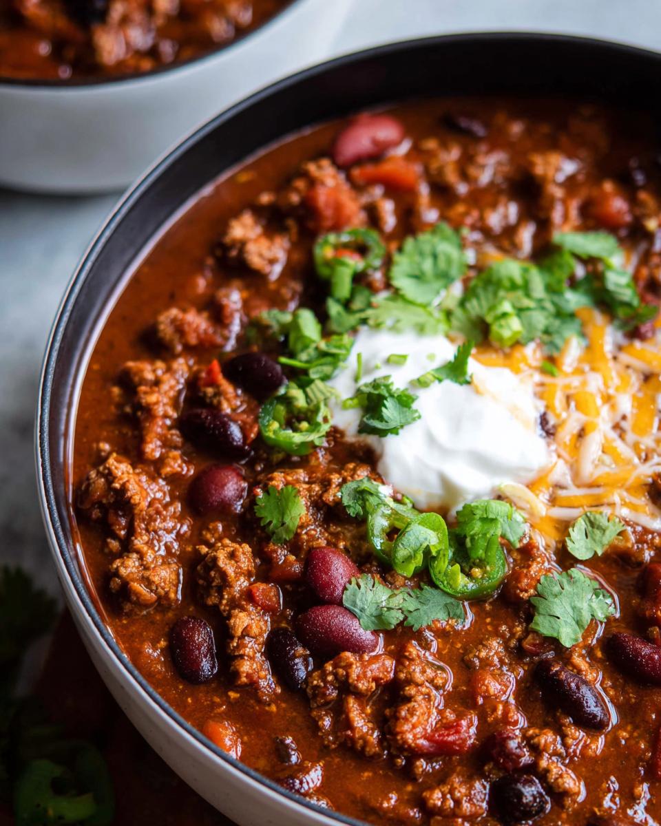 A close-up of a steaming bowl of Ground Turkey Chili (Stovetop) topped with sour cream, shredded cheese, cilantro, and jalapeños.