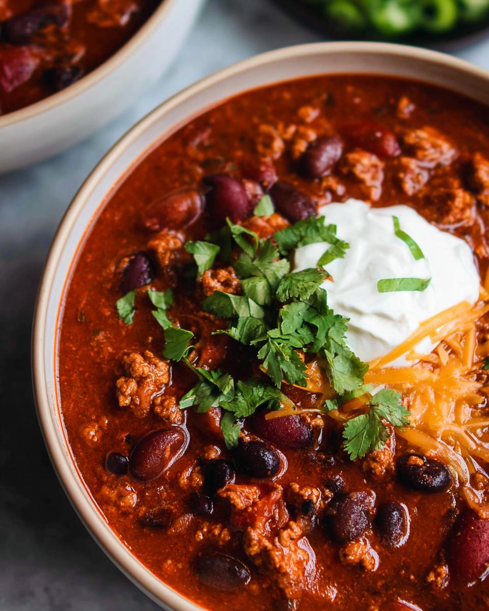 A close-up of a bowl of delicious Ground Turkey Chili (Stovetop) topped with sour cream, shredded cheese, and fresh cilantro.