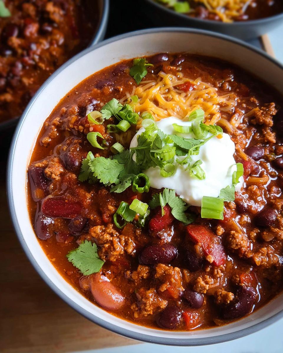 A close-up of a steaming bowl of Ground Turkey Chili (Stovetop), topped with sour cream, shredded cheese, cilantro, and green onions.