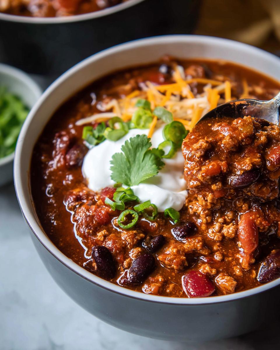 A spoonful of rich Ground Turkey Chili (Stovetop) with beans, topped with sour cream, cheese, and green onions.