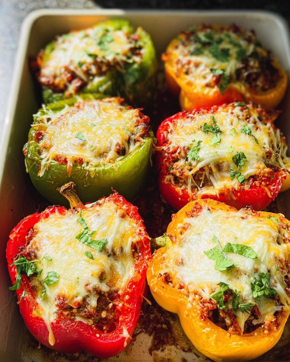 Close-up of colorful Ground Turkey Stuffed Peppers baked with melted cheese and herbs in a casserole dish.
