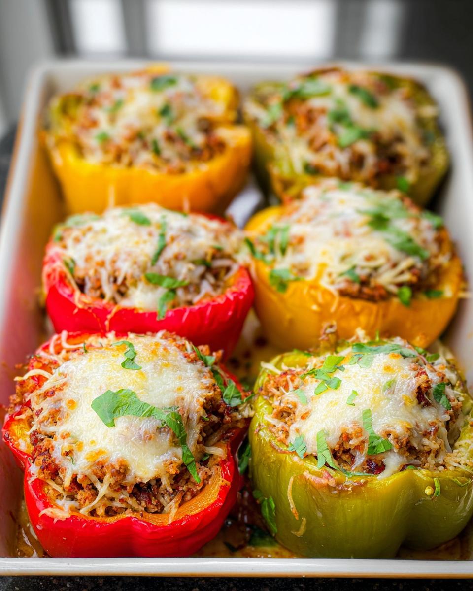 Close-up of colorful Ground Turkey Stuffed Peppers baked in a dish, topped with melted cheese and fresh herbs.