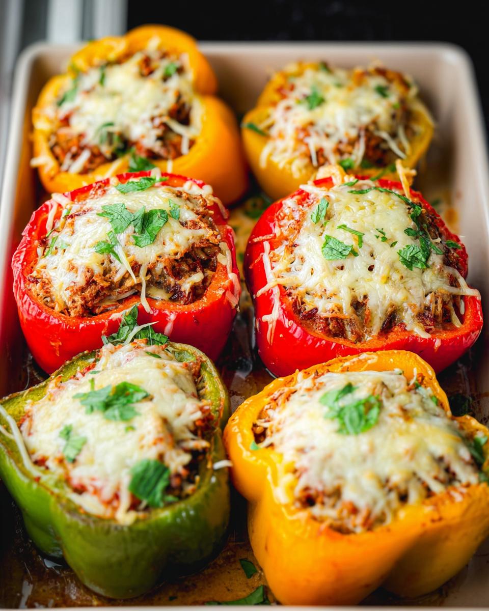 Close-up of colorful Ground Turkey Stuffed Peppers baked in a dish, topped with melted cheese and parsley.