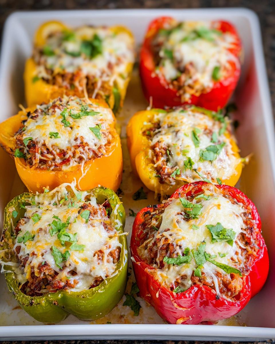 Six colorful ground turkey stuffed peppers, topped with melted cheese and fresh parsley, in a white baking dish.