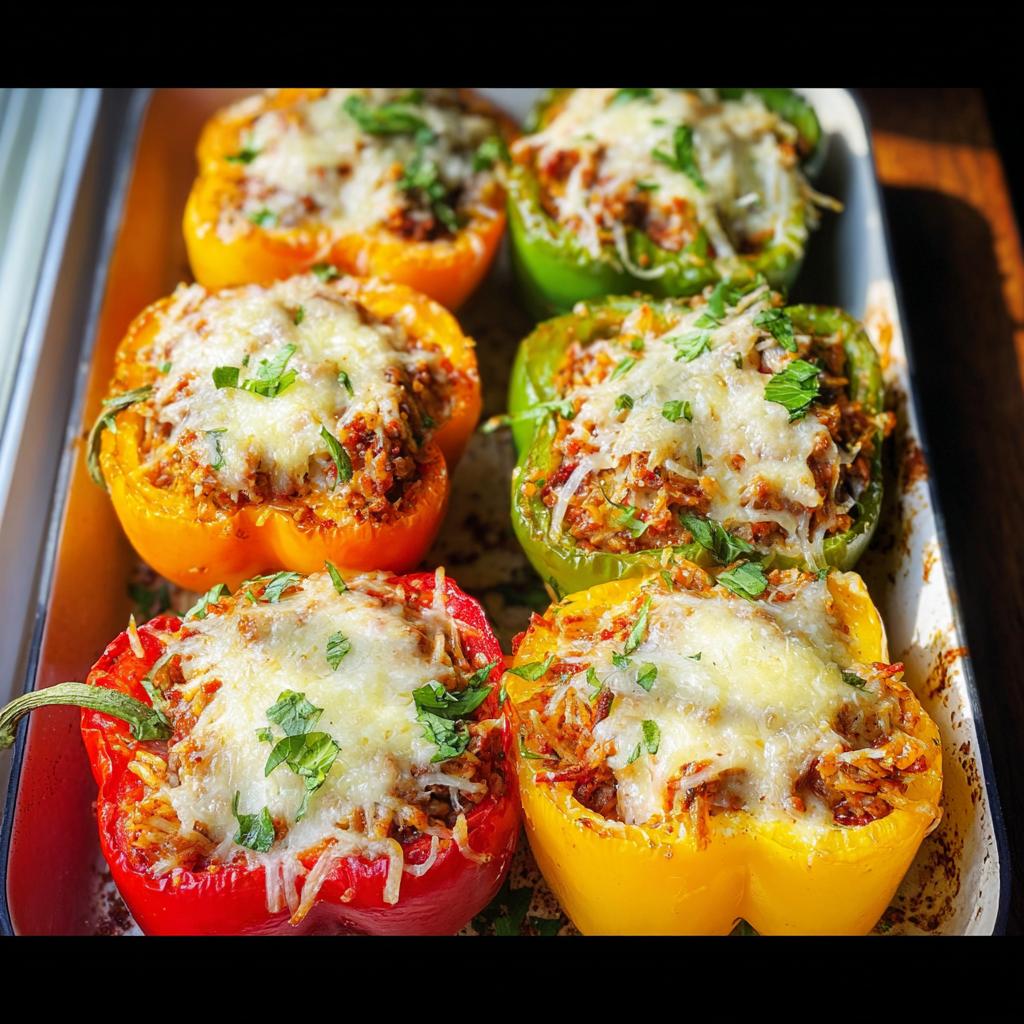A pan of colorful ground turkey stuffed peppers, topped with melted cheese and fresh parsley.