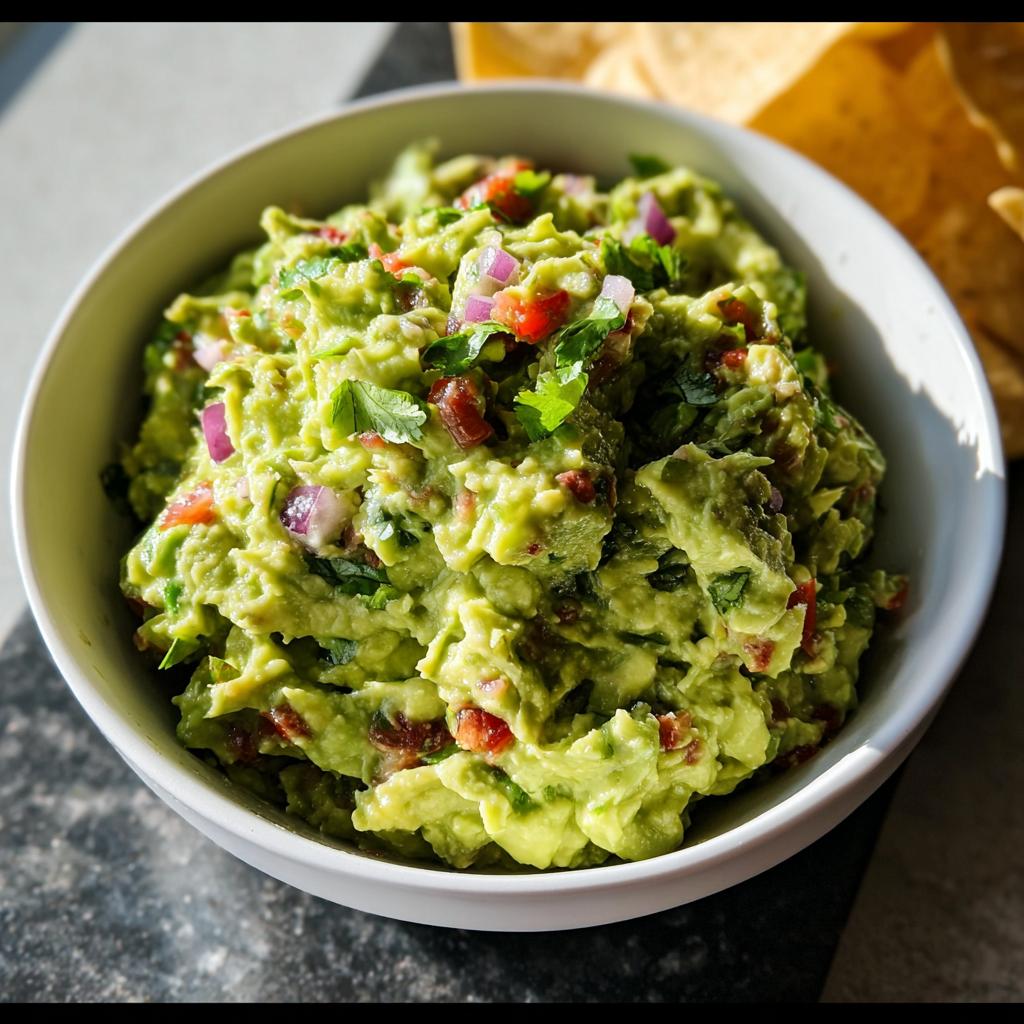 A close-up of chunky Guacamole with Lime and Cilantro, mixed with red onion and tomato, served in a white bowl.