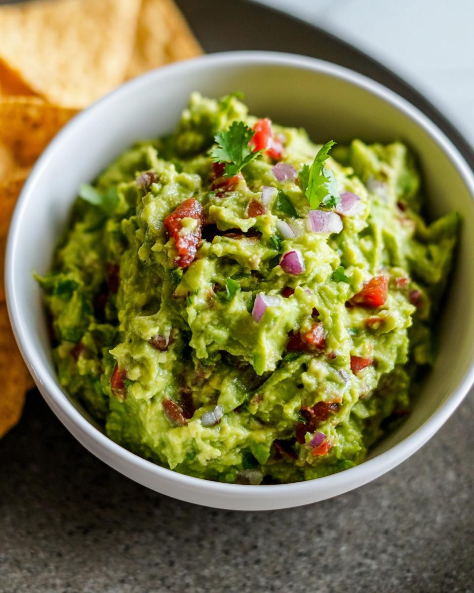 Close-up of chunky Guacamole with Lime and Cilantro, topped with diced red onion and tomato, next to tortilla chips.