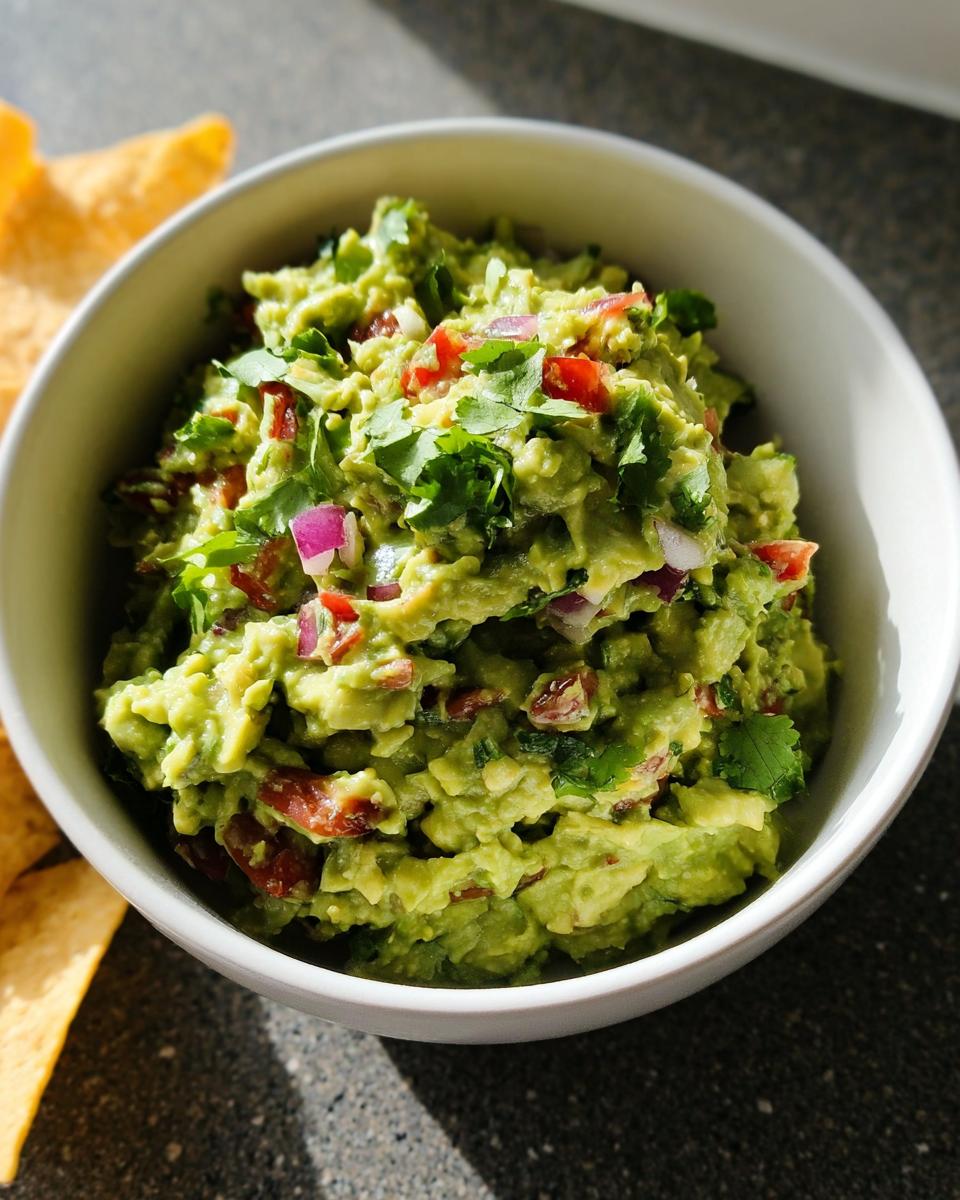 Close-up of chunky Guacamole with Lime and Cilantro, topped with red onion and tomato, served in a white bowl.