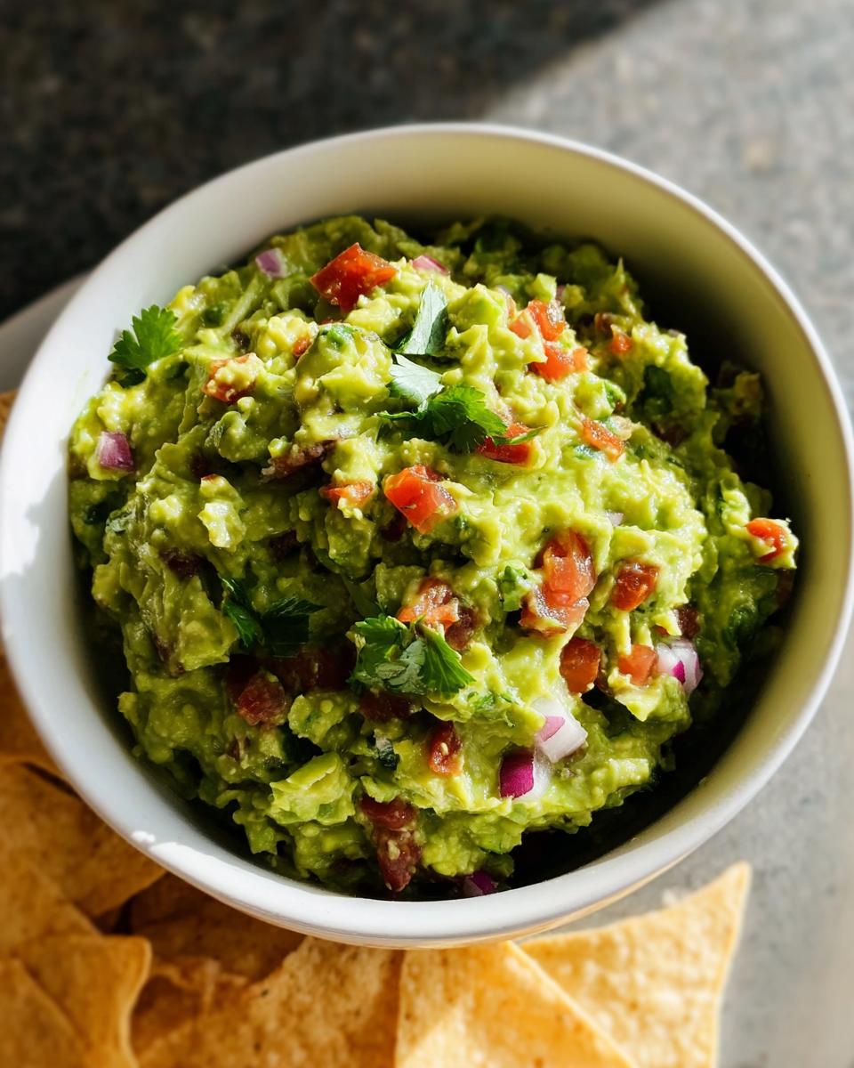 A close-up overhead shot of chunky Guacamole with Lime and Cilantro, topped with diced tomato and red onion, served with tortilla chips.