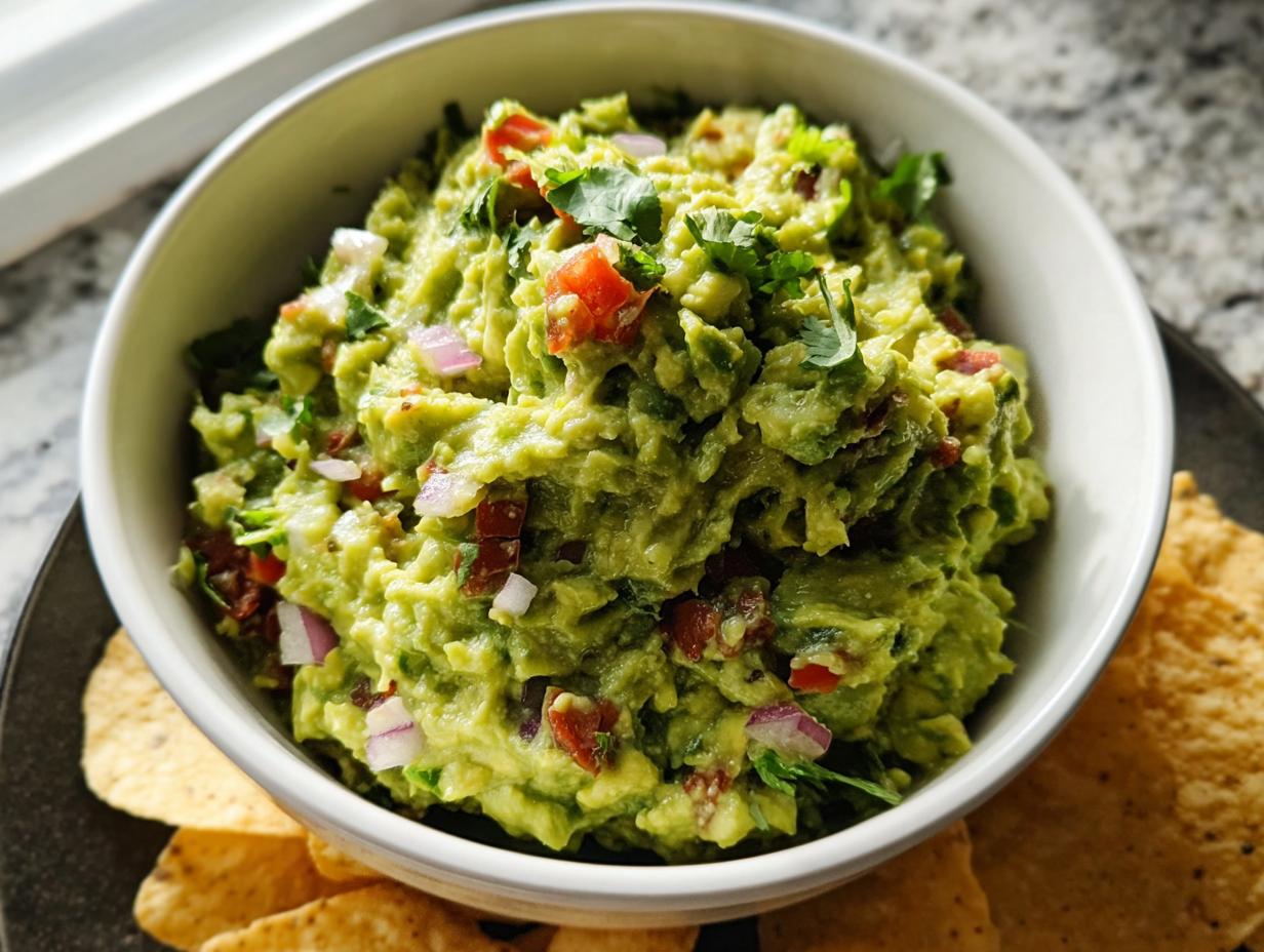 A close-up of chunky Guacamole with Lime and Cilantro, mixed with diced red onion and tomato, served with tortilla chips.