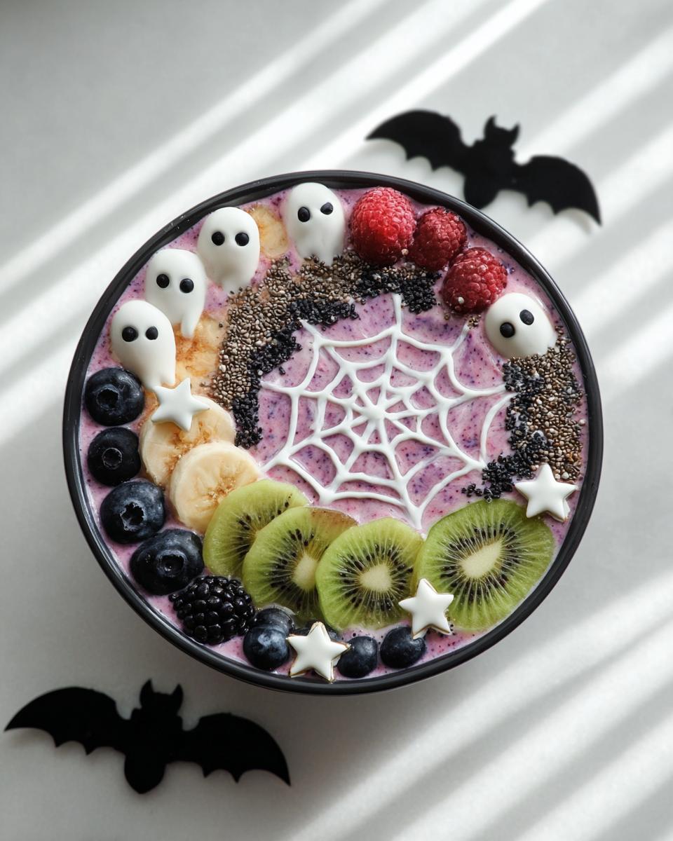 A festive Halloween smoothie bowl decorated with ghost-shaped candies, a spider web, kiwi, blueberries, raspberries, and bananas.