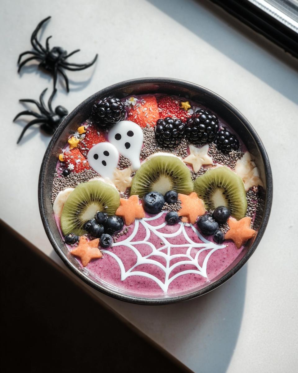 A vibrant purple Halloween Smoothie Bowl topped with kiwi, blueberries, strawberries, blackberries, and ghost and star-shaped fruit pieces.