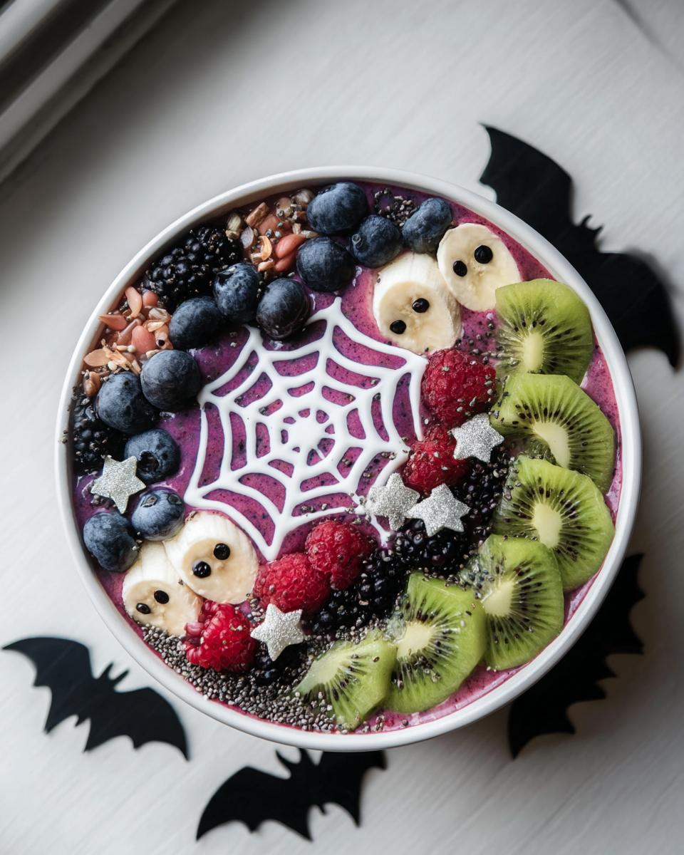A vibrant Halloween smoothie bowl decorated with a white spiderweb, banana ghosts, kiwi slices, berries, and star sprinkles.