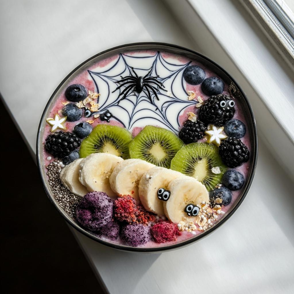 A Halloween Smoothie Bowl decorated with a spiderweb, spider, kiwi slices, bananas with googly eyes, and berries.