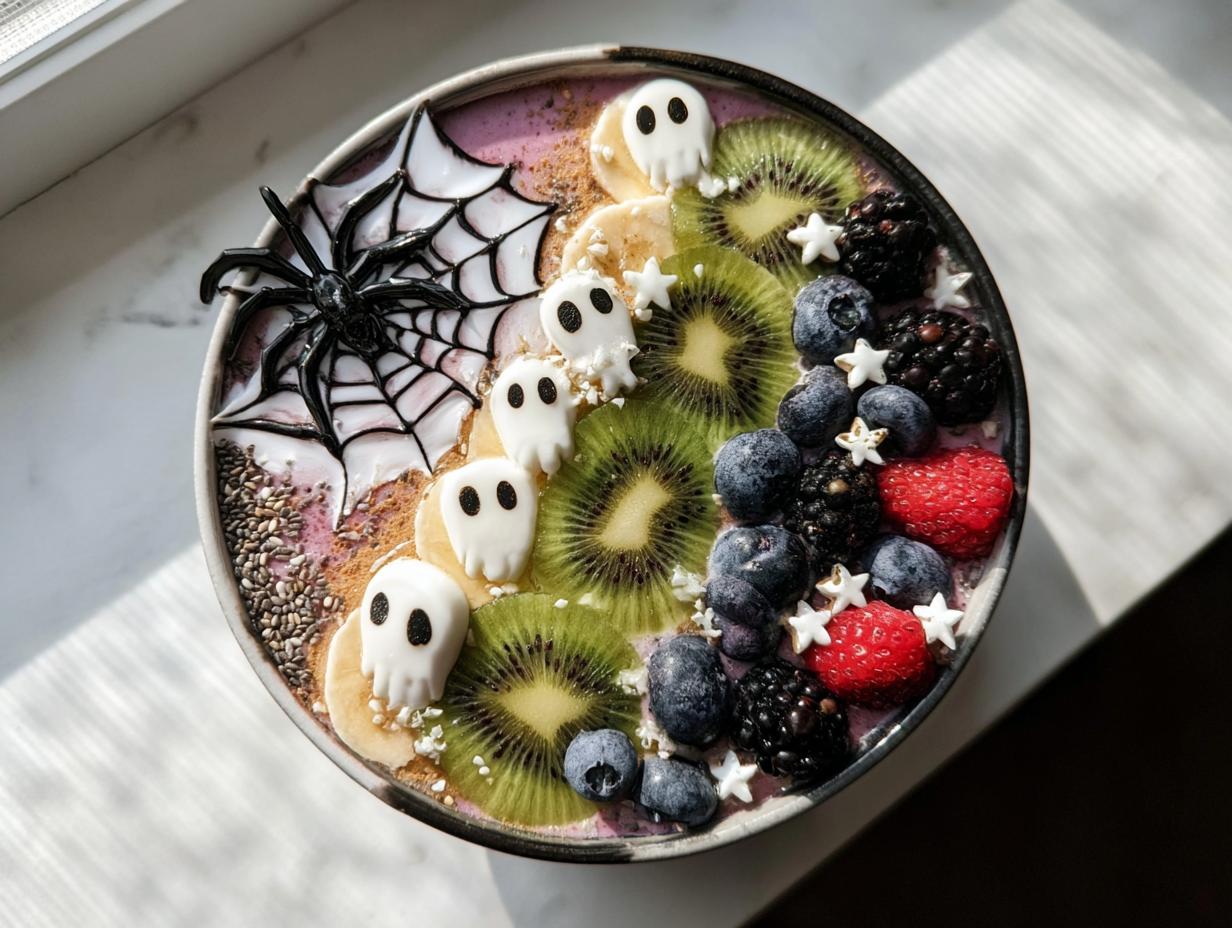 A festive Halloween Smoothie Bowl topped with kiwi, berries, banana slices, ghost candies, a spiderweb, and a spider.