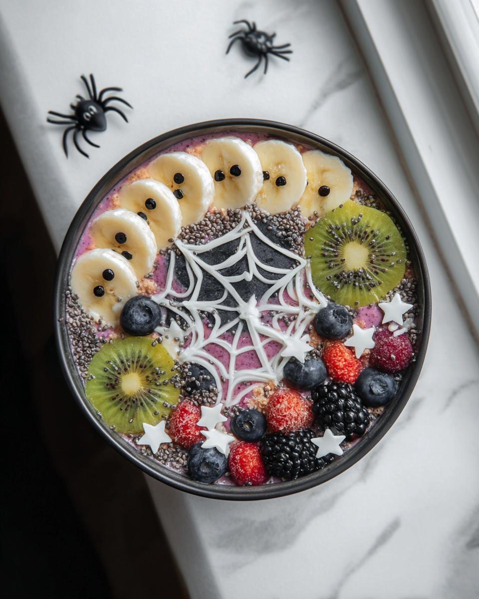 A vibrant Halloween Smoothie Bowl decorated with a white spiderweb, banana slices, kiwi, blueberries, raspberries, and blackberries.