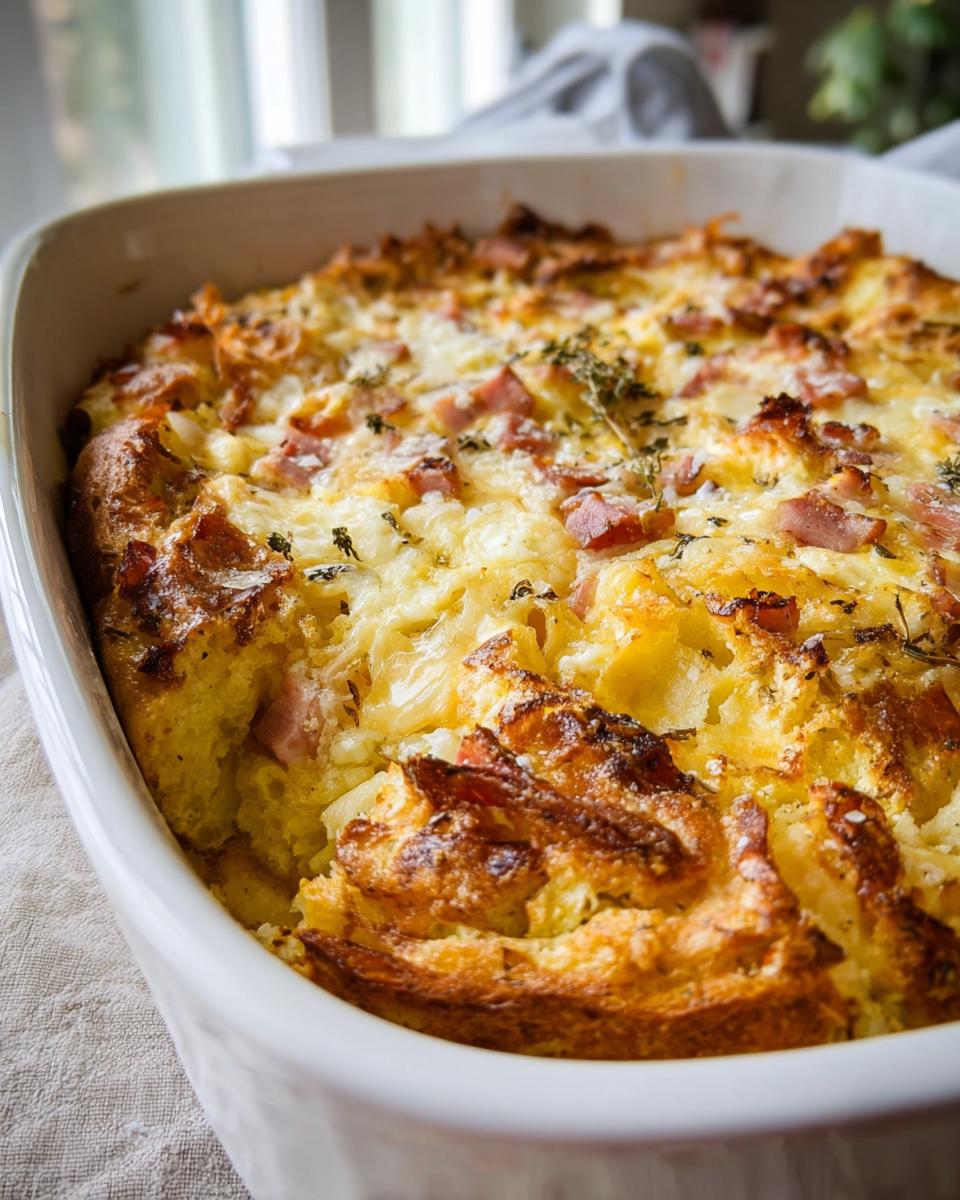 Close-up of a golden-brown Ham and Cheese Breakfast Casserole topped with melted cheese and herbs in a white baking dish.