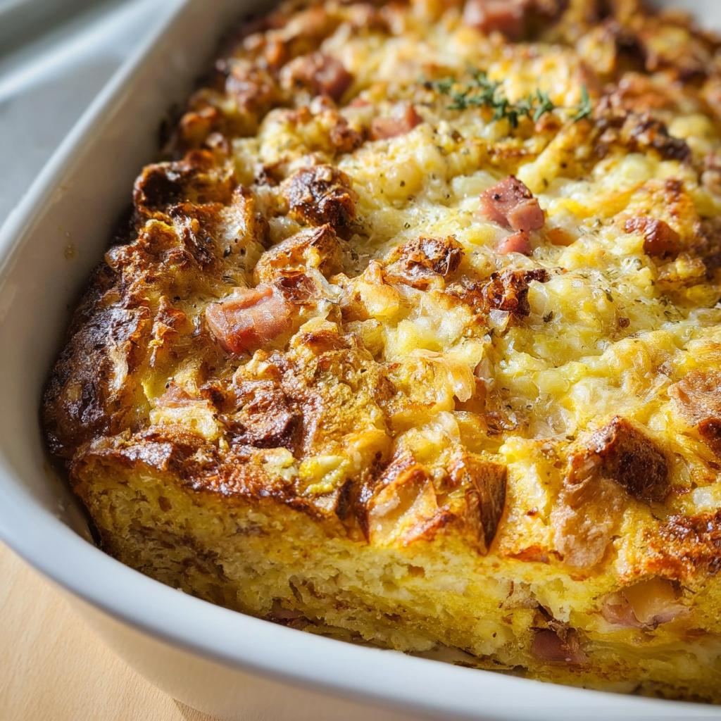 Close-up of a golden brown Ham and Cheese Breakfast Casserole baked in a white dish.