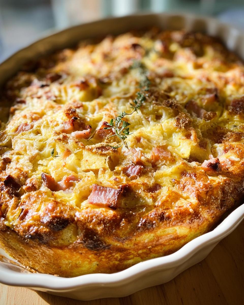 Close-up of a golden brown Ham and Cheese Breakfast Casserole baked in a white dish, garnished with thyme.