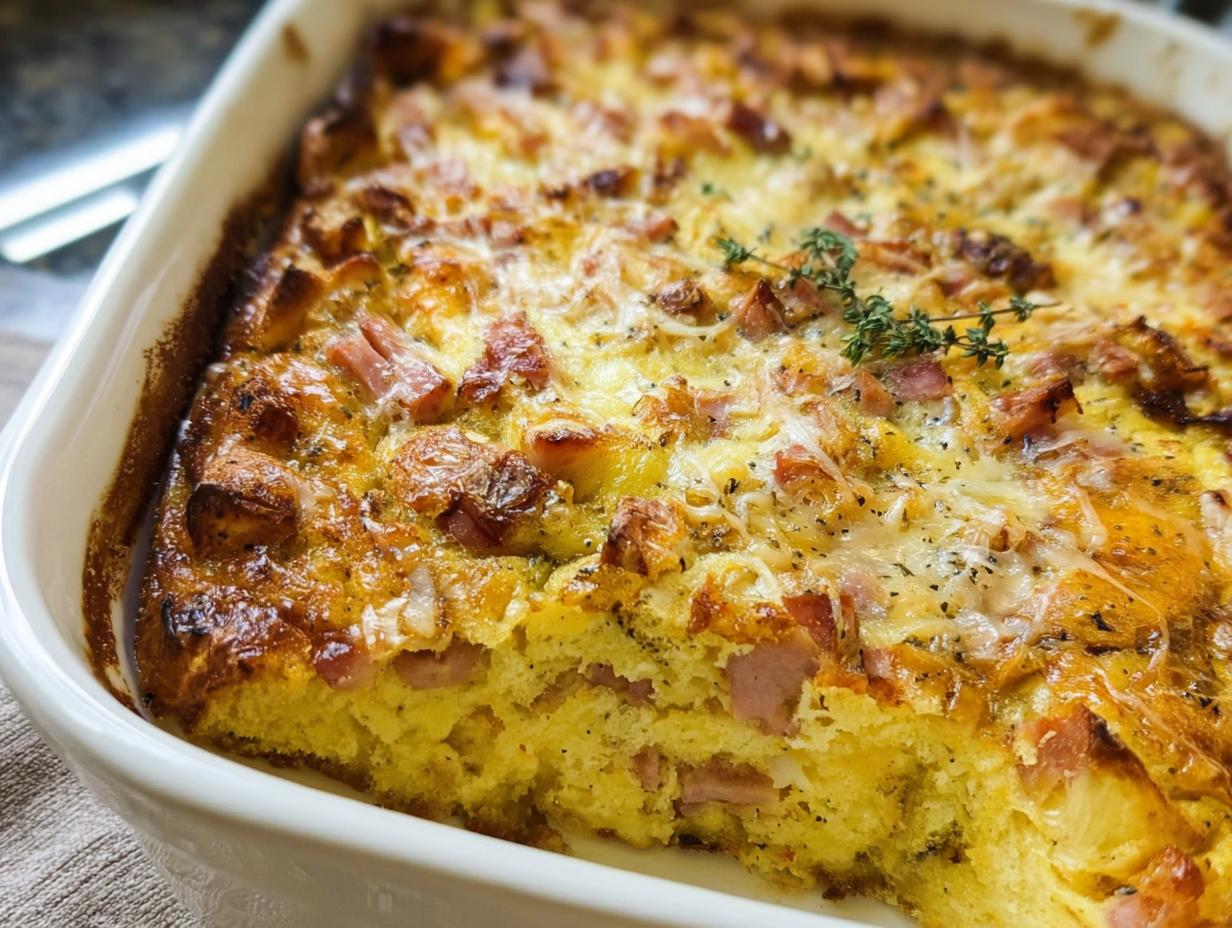 Close-up of a golden brown Ham and Cheese Breakfast Casserole in a white baking dish, garnished with thyme.