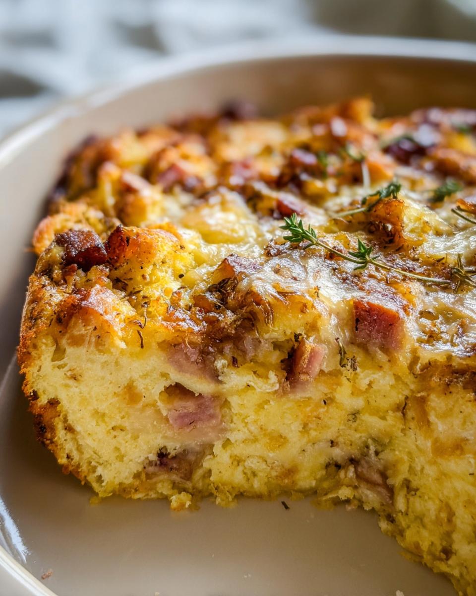 Close-up of a golden-brown slice of Ham and Cheese Breakfast Casserole showing chunks of ham and melted cheese.