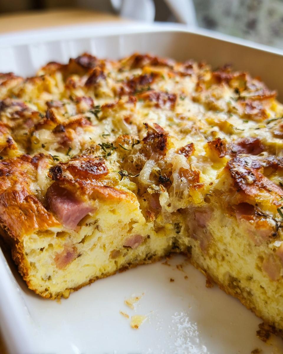 A close-up of a freshly baked Ham and Cheese Breakfast Casserole with a golden, cheesy top and visible chunks of ham inside.