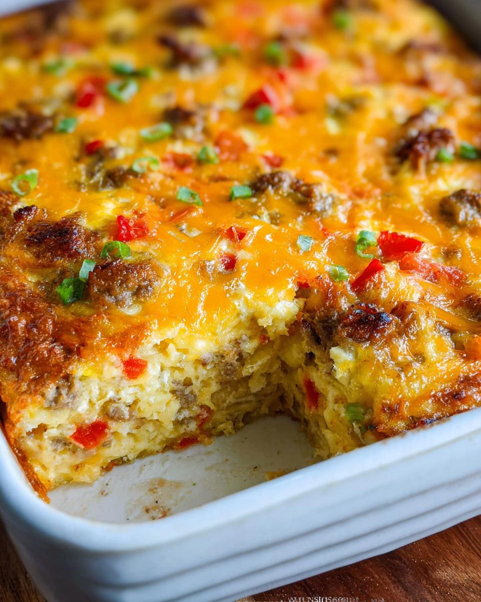 Close-up of a golden brown Hash Brown Egg Bake with melted cheese, sausage, and peppers, a piece removed.