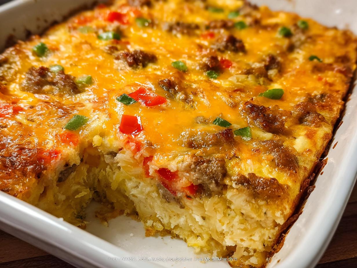 Close-up of a baked Hash Brown Egg Bake with melted cheddar cheese, sausage crumbles, and diced peppers.