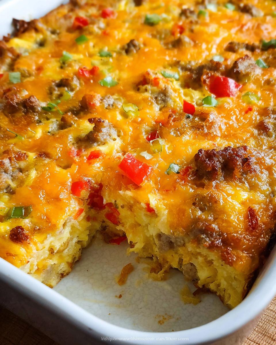 Close-up of a baked Hash Brown Egg Bake casserole with melted cheddar, sausage, and diced peppers.