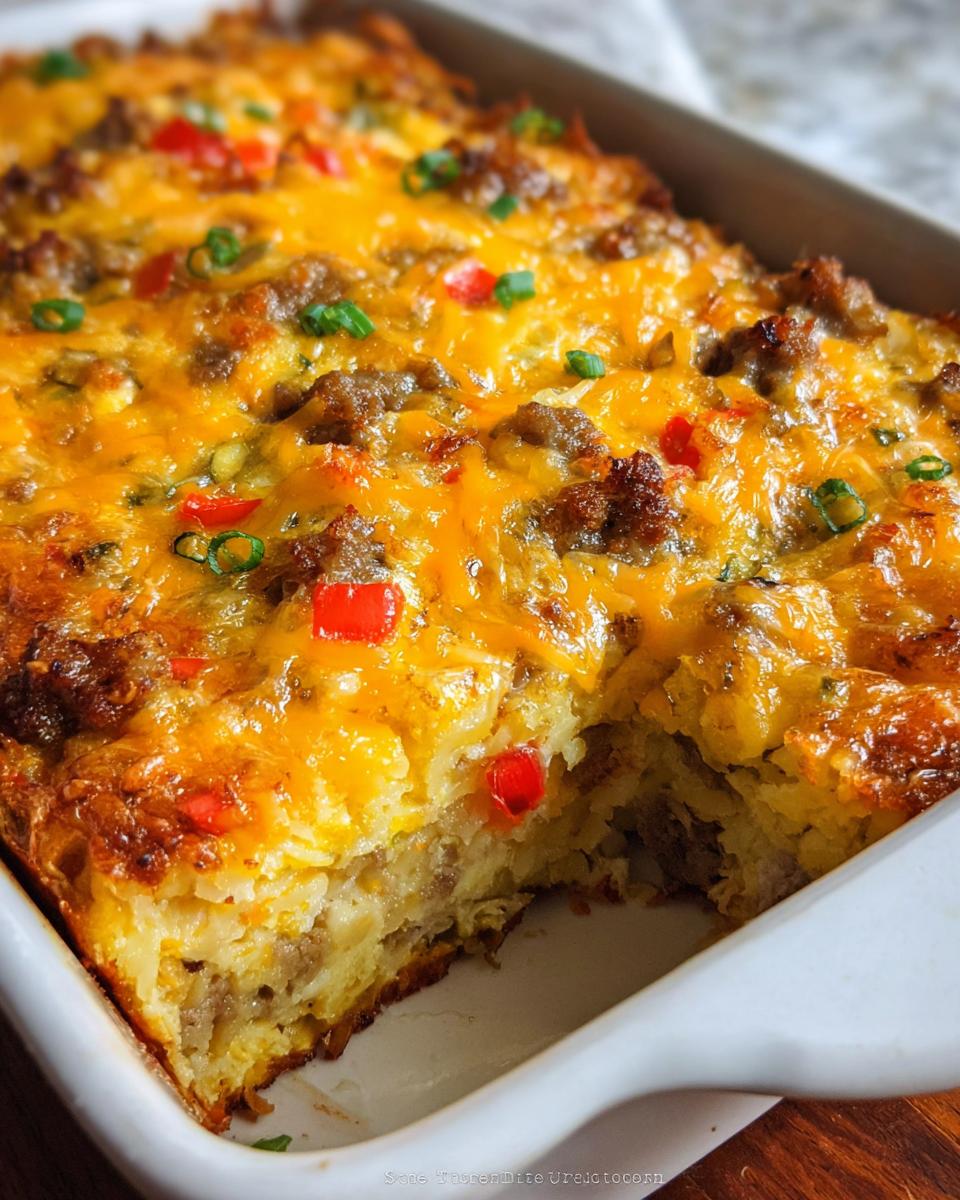 Close-up of a baked Hash Brown Egg Bake in a white dish, showing a cheesy top with sausage, peppers, and green onions.
