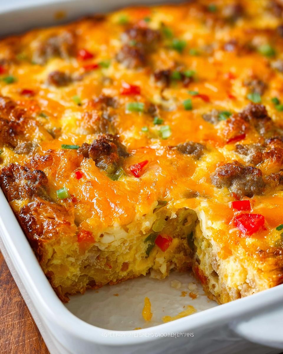 Close-up of a baked Hash Brown Egg Bake in a white dish, showing melted cheddar cheese, sausage, and peppers.