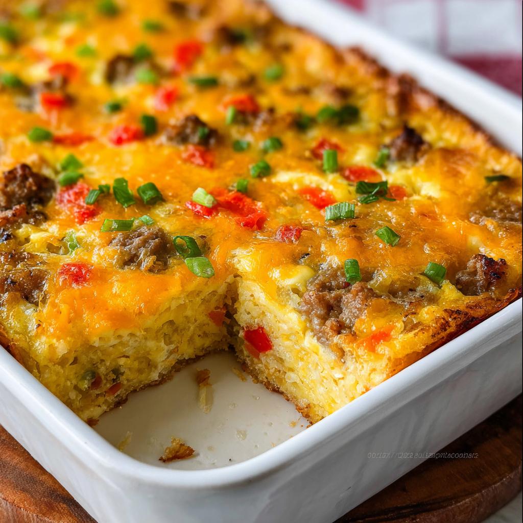 Close-up of a golden Hash Brown Egg Bake in a white dish, topped with melted cheese, sausage, and green onions.