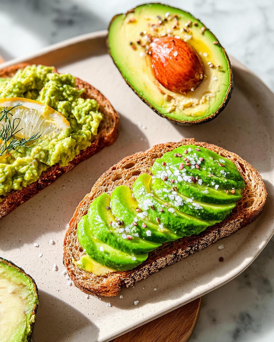 Two slices of healthy Avocado Toast, one mashed and one sliced, served alongside a halved avocado.