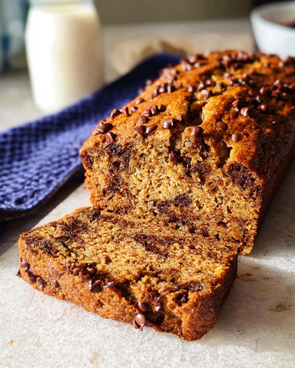 A sliced loaf of moist Healthy Banana Bread (Whole Wheat) topped with mini chocolate chips.