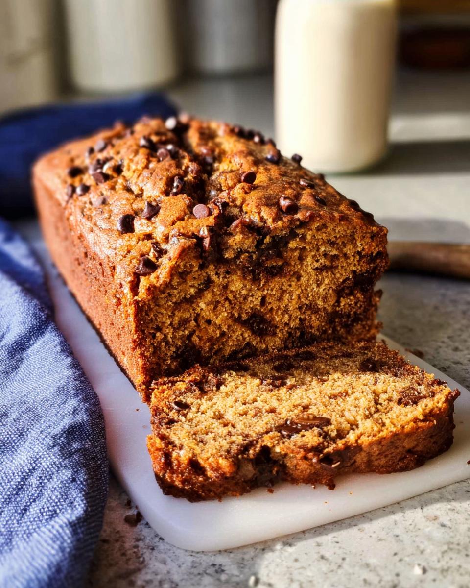 A sliced loaf of Healthy Banana Bread (Whole Wheat) topped with chocolate chips on a white cutting board.
